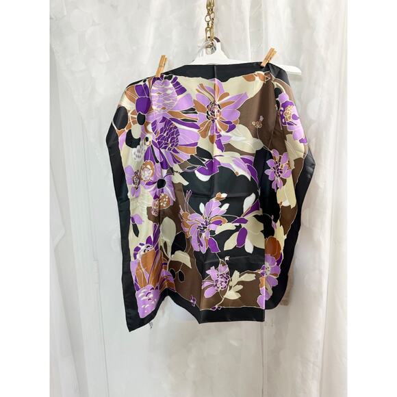 Totes Vintage HIGE Floral print mod purple brown, lavender Satin Rain Scarf - Picture 2 of 8